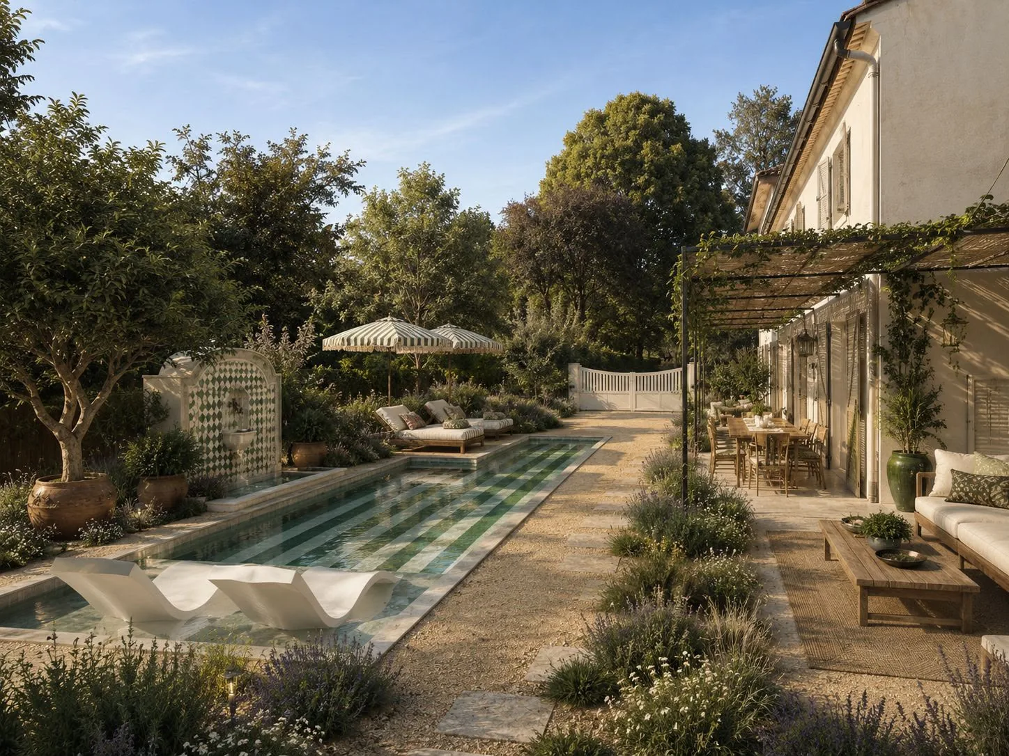 Image de synthèse du projet de piscine et de jardin de la maison agricole à Abzac
