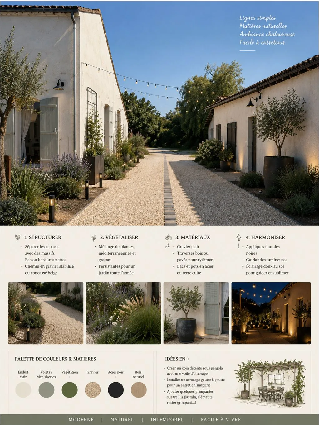 Planche d'intention pour les aménagements extérieurs de la maison agricole à Abzac : allée en gravier, massifs et éclairage